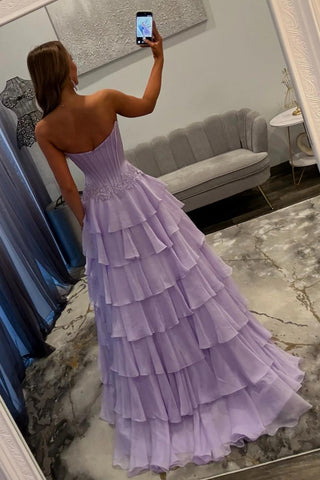 Lovely A Line Sweetheart Lilac Corset Prom Dress with High Slit and Appliques