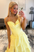 Load image into Gallery viewer, Lovely A Line Sweetheart Lilac Corset Prom Dress with High Slit and Appliques