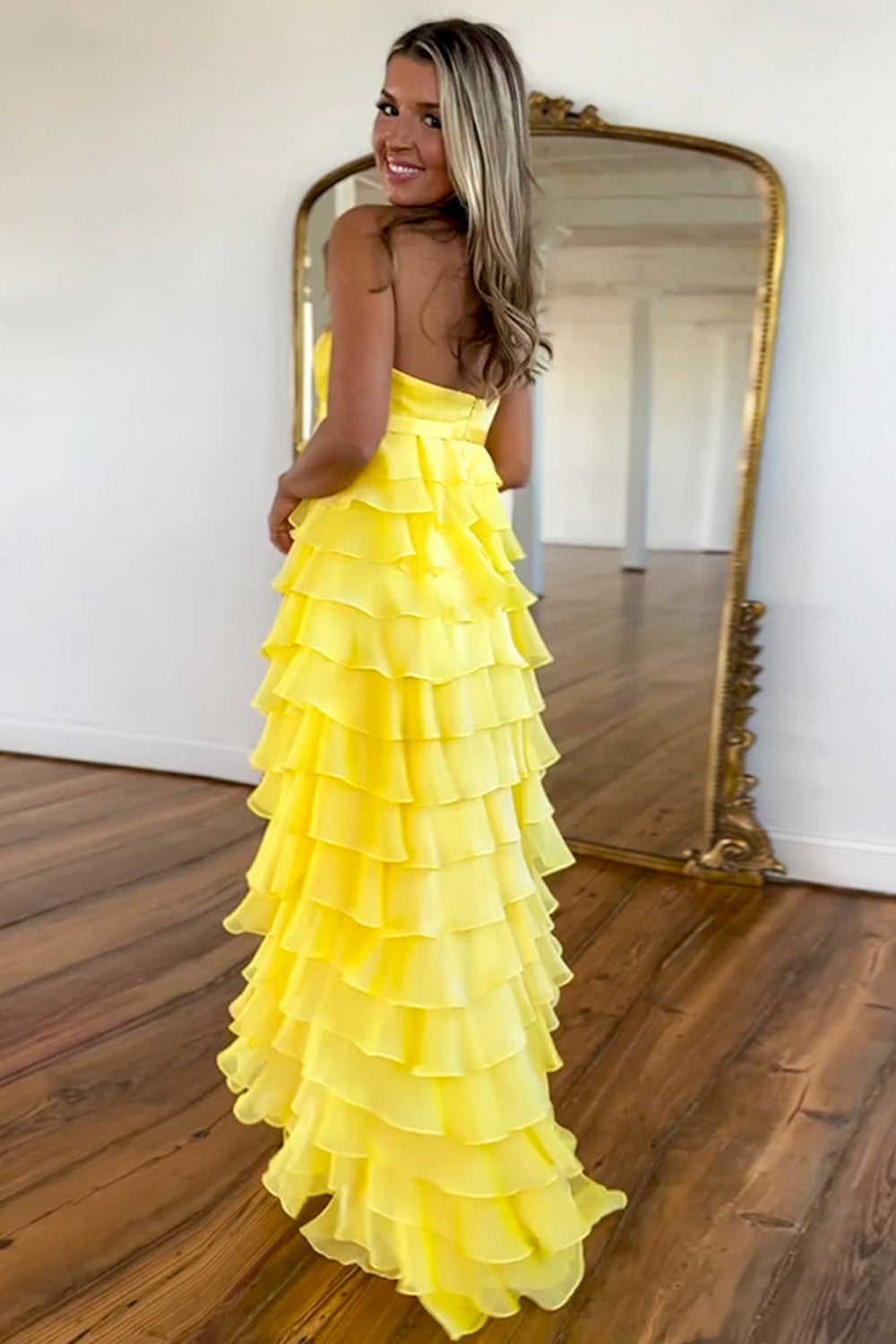 Luuvis Women Lovely Yellow A-Line Strapless Zipper Back Long Tiered ...