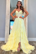 Load image into Gallery viewer, Lovely Yellow A-Line Sweetheart Lace Top Chiffon Prom Dress With Ruffle Skirt

