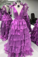 Load image into Gallery viewer, Cute Pink Princess A Line Deep V-Neck Long Tiered Prom Dress With Split
