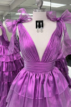 Load image into Gallery viewer, Cute Pink Princess A Line Deep V-Neck Long Tiered Prom Dress With Split
