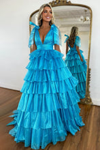 Load image into Gallery viewer, Cute Pink Princess A Line Deep V-Neck Long Tiered Prom Dress With Split
