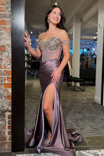 Load image into Gallery viewer, Stunning Mermaid Off the Shoulder Dark Grey Corset Prom Dress with Beading