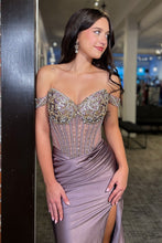 Load image into Gallery viewer, Stunning Mermaid Off the Shoulder Dark Grey Corset Prom Dress with Beading