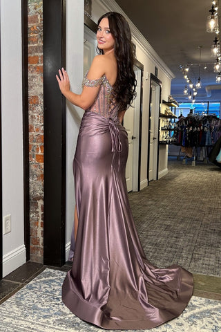 Stunning Mermaid Off the Shoulder Dark Grey Corset Prom Dress with Beading