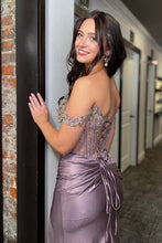 Load image into Gallery viewer, Stunning Mermaid Off the Shoulder Dark Grey Corset Prom Dress with Beading