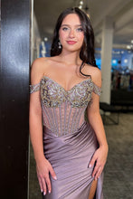 Load image into Gallery viewer, Stunning Mermaid Off the Shoulder Dark Grey Corset Prom Dress with Beading