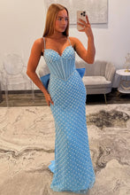 Load image into Gallery viewer, Luxurious Mermaid Spaghetti Straps Blue Long Prom Dress with Pearls