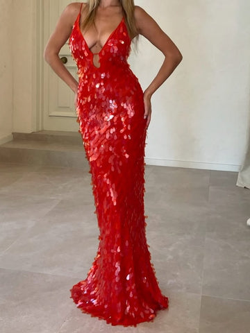 Luxurious Mermaid Spaghetti Straps Red Sequins Long Prom Dress