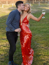Load image into Gallery viewer, Luxurious Mermaid Spaghetti Straps Red Sequins Long Prom Dress
