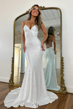 Load image into Gallery viewer, Luxurious Mermaid Spaghetti Straps White Long Prom Dress with Pearls
