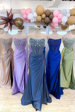 Load image into Gallery viewer, Luxurious Mermaid Strapless Dark Blue Corset Prom Dress with Beading