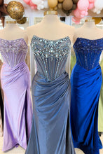 Load image into Gallery viewer, Luxurious Mermaid Strapless Dark Blue Corset Prom Dress with Beading