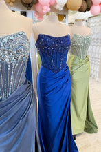 Load image into Gallery viewer, Luxurious Mermaid Strapless Dark Blue Corset Prom Dress with Beading