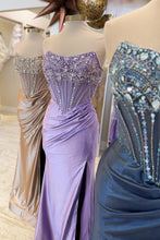 Load image into Gallery viewer, Luxurious Mermaid Strapless Dark Blue Corset Prom Dress with Beading