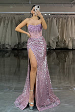 Load image into Gallery viewer, Luxurious Mermaid Strapless Lilac Sequins Corset Prom Dress with Beading
