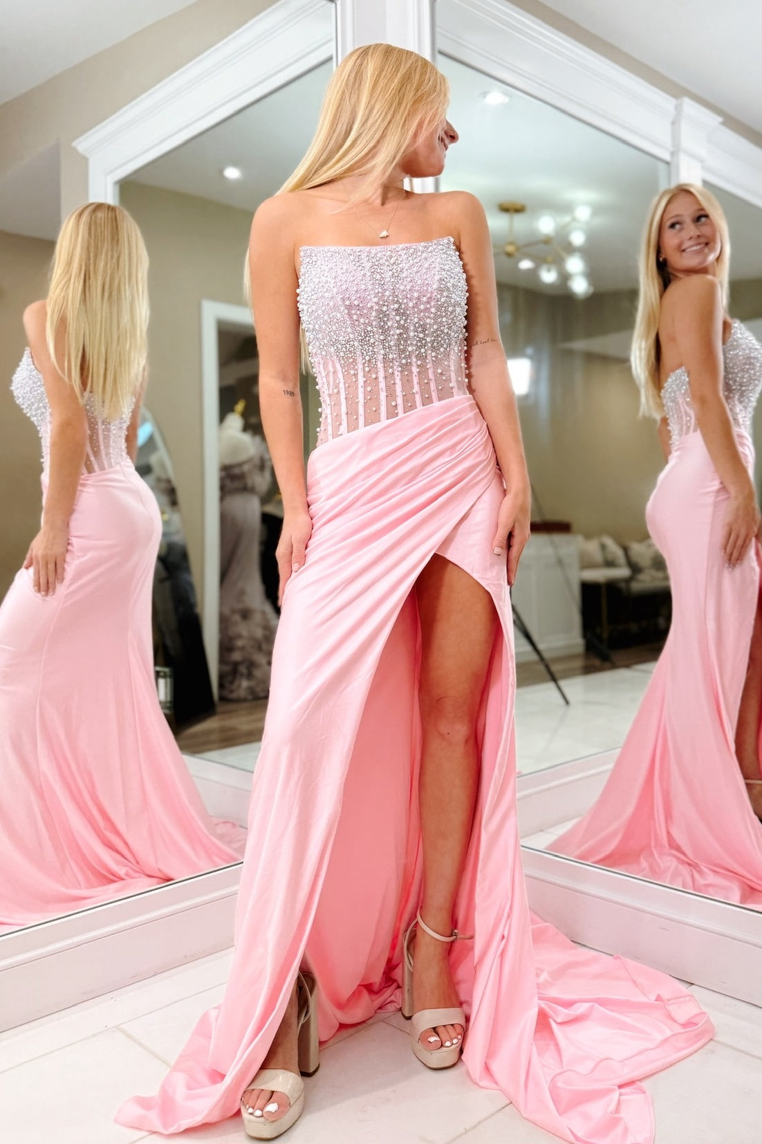 Luxurious Mermaid Strapless Pink Corset Prom Dress with Pearls