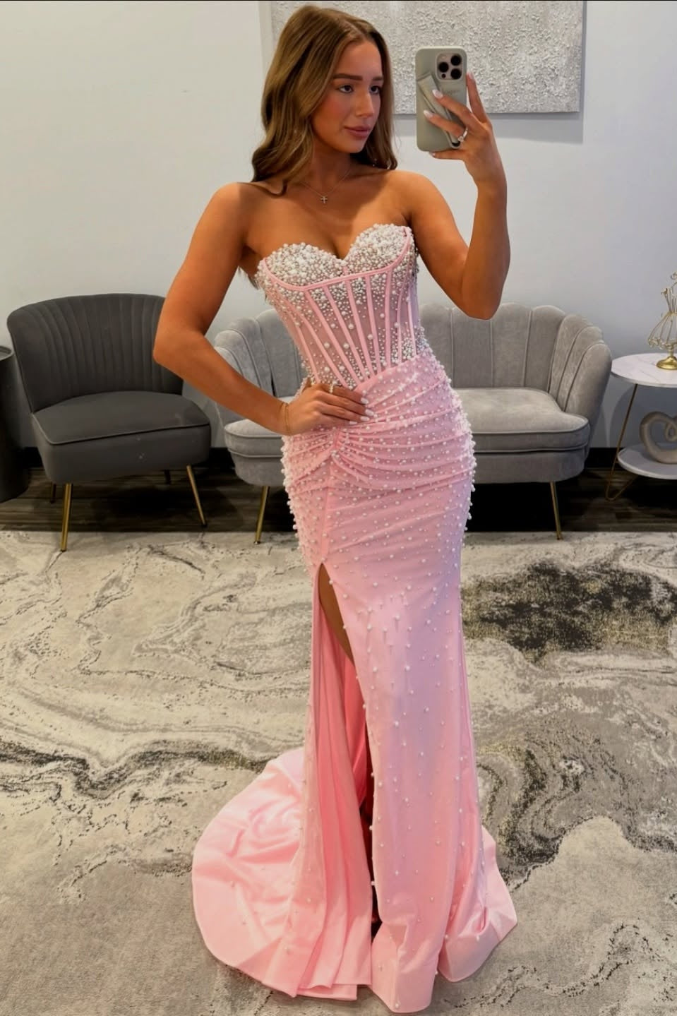 Luxurious Mermaid Sweetheart Pink Corset Prom Dress with Pearls