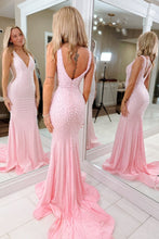 Load image into Gallery viewer, Luxurious Mermaid V Neck Pink Long Prom Dress with Pearls