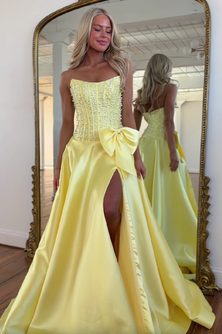 Charming A Line Strapless Yellow Satin Prom Dress with Beading Bowknot