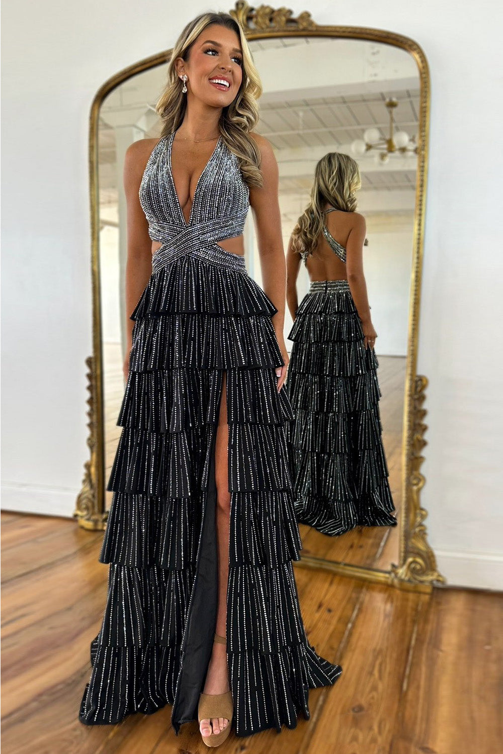 Luuvis Women Luxurious Sparkly Mermaid Halter Long Tiered Beaded Prom Dress with High Slit Luuvis Women Luxurious Sparkly Mermaid Halter Long Tiered Beaded Prom Dress with High Slit