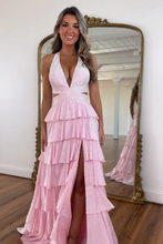 Load image into Gallery viewer, Luxurious Sparkly Mermaid Halter Long Tiered Beaded Prom Dress with High Slit