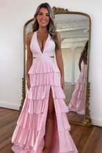 Load image into Gallery viewer, Luxurious Sparkly Mermaid Halter Long Tiered Beaded Prom Dress with High Slit