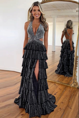 Luxurious Sparkly Mermaid Halter Long Tiered Beaded Prom Dress with High Slit