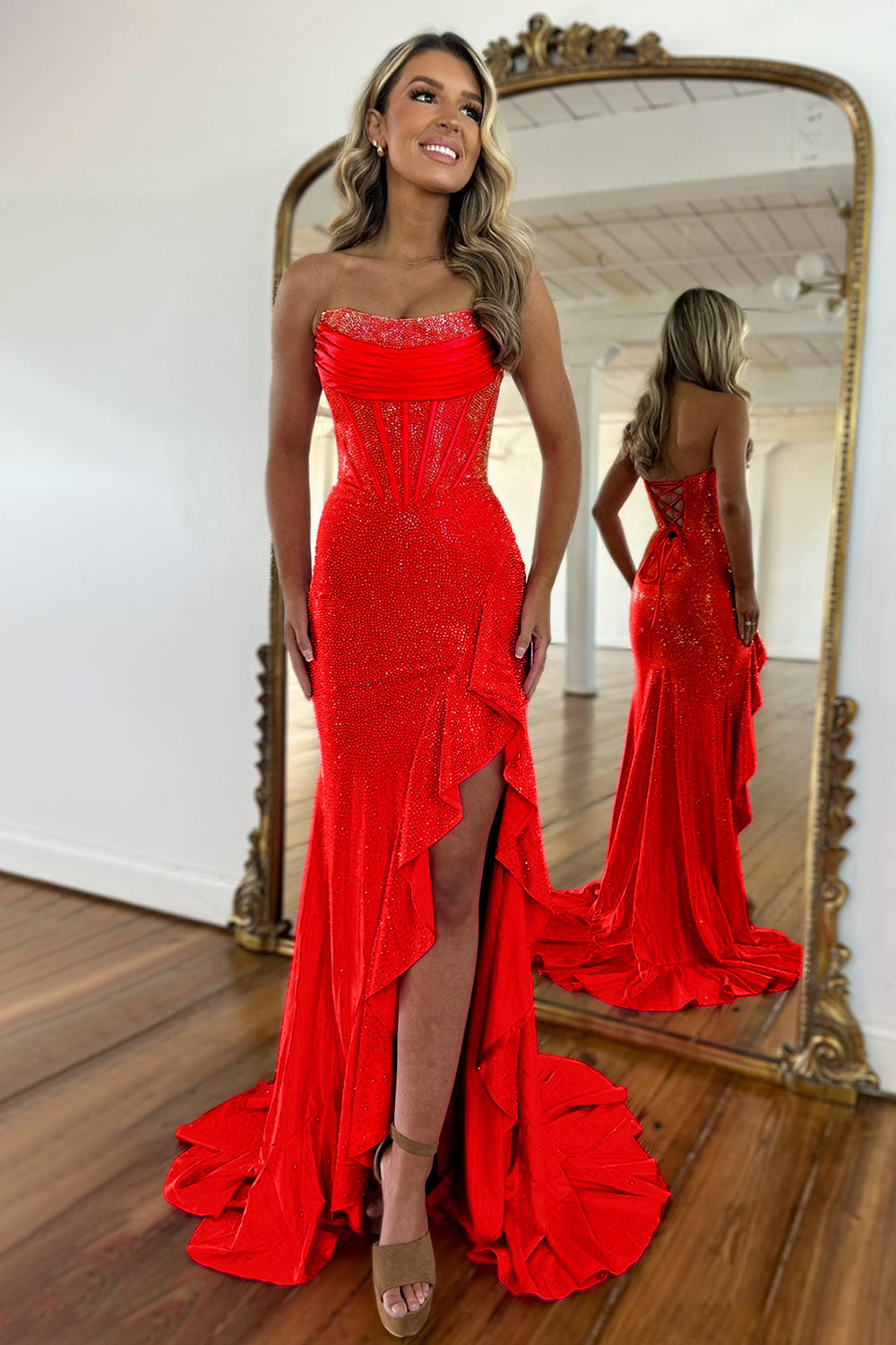 Luuvis Women Sparkly Hot Pink Mermaid Strapless Long Beaded Prom Dress with Slit Luuvis Women Sparkly Hot Pink Mermaid Strapless Long Beaded Prom Dress with Slit