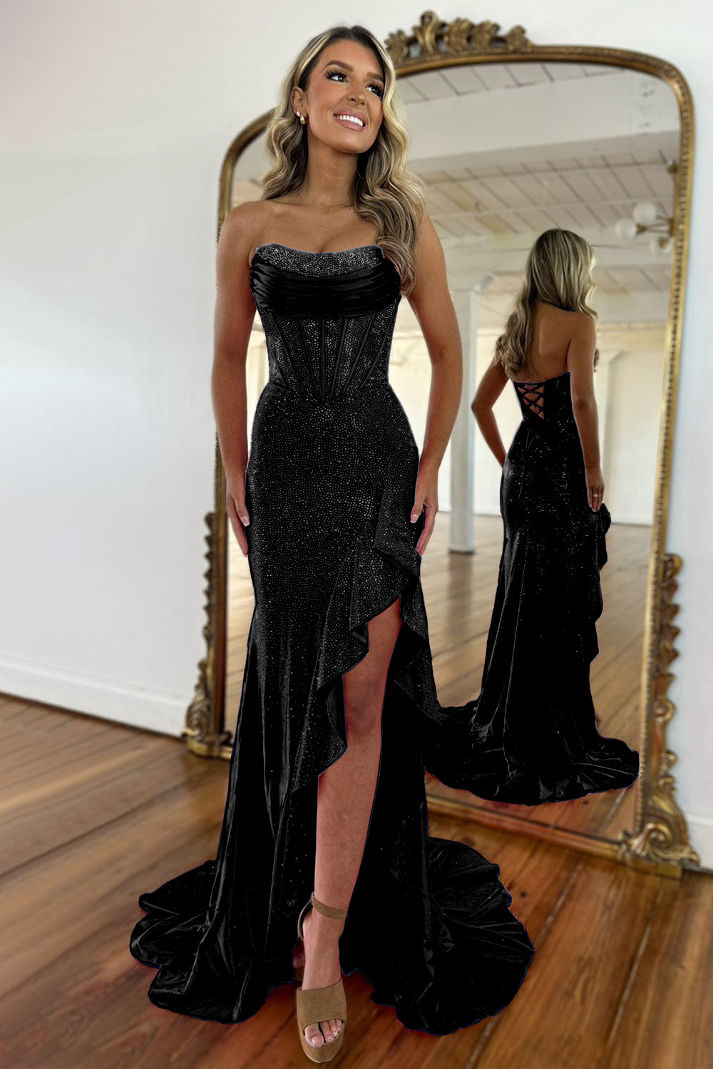 princess polly baby blue dress V Neck Mermaid Black/Hot Pink/Purple Long Prom Dress with High Slit, B –  abcprom main image 0