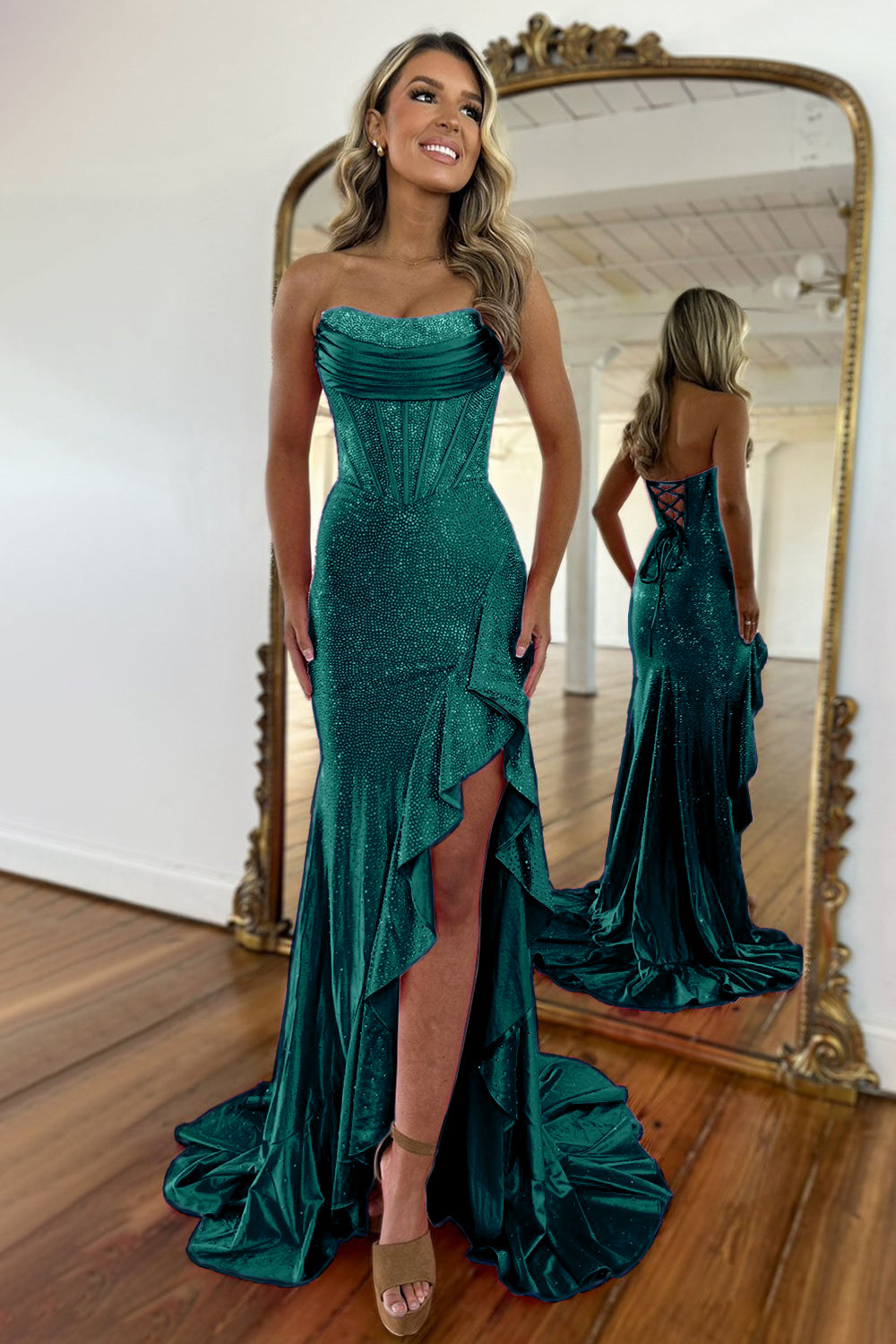 Luuvis Women Sparkly Hot Pink Mermaid Strapless Long Beaded Prom Dress with  Slit