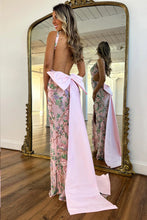 Load image into Gallery viewer, Hot Mermaid Deep V Neck Pink Long Prom Dress with Embroidery Bowknot