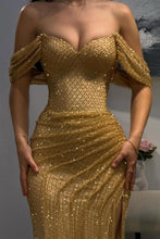 Load image into Gallery viewer, Luxury Gold Glitter Off-Shoulder Beaded Mermaid Prom Gown with Slit