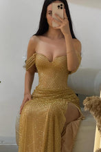 Load image into Gallery viewer, Luxury Gold Glitter Off-Shoulder Beaded Mermaid Prom Gown with Slit