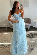 Load image into Gallery viewer, Luxurious A Line Sweetheart Light Blue Corset Prom Dress with Feather