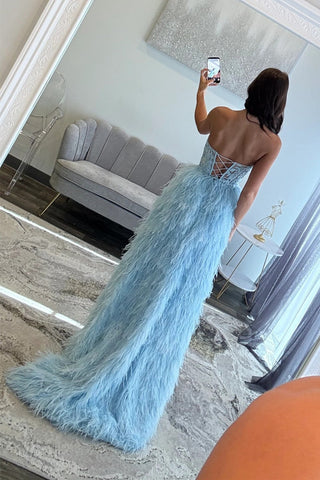 Luxurious A Line Sweetheart Light Blue Corset Prom Dress with Feather