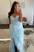 Load image into Gallery viewer, Luxurious A Line Sweetheart Light Blue Corset Prom Dress with Feather