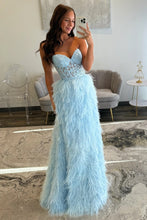 Load image into Gallery viewer, Luxurious A Line Sweetheart Light Blue Corset Prom Dress with Feather