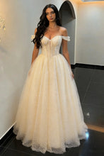 Load image into Gallery viewer, Pretty A Line Off Shoulder Light Yellow Prom Gown with Glitter Pearls Tulle Skirt