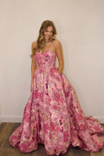 Load image into Gallery viewer, Charming A Line Strapless Pink Floral Prom Ball Gown with Printed