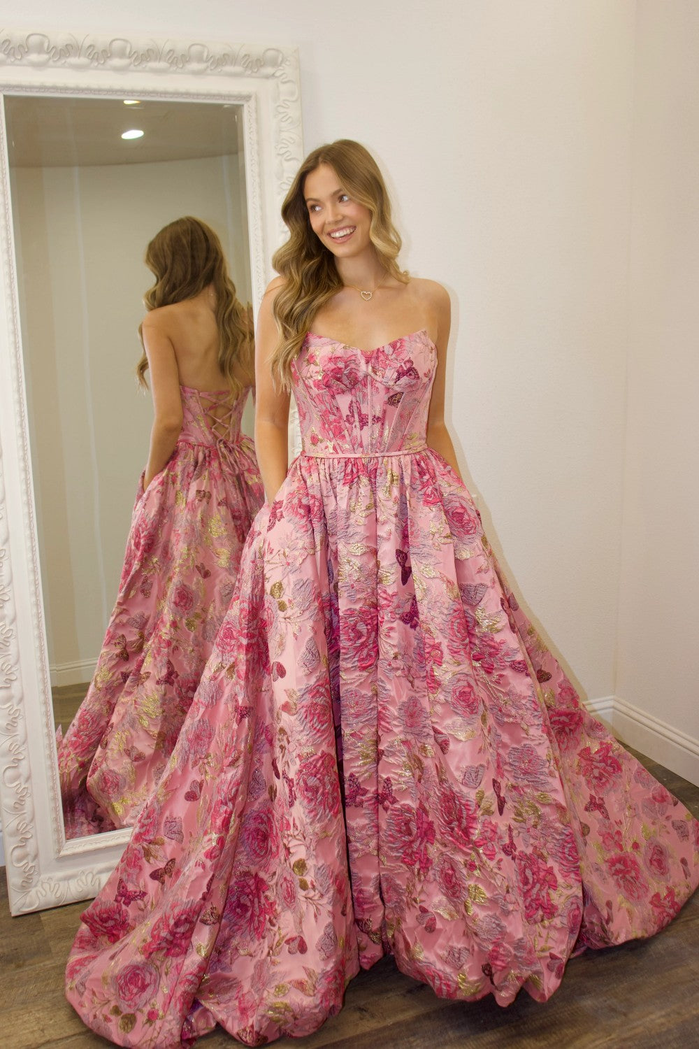 Charming A Line Strapless Pink Floral Prom Ball Gown with Printed