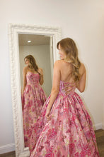 Load image into Gallery viewer, Charming A Line Strapless Pink Floral Prom Ball Gown with Printed