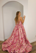 Load image into Gallery viewer, Charming A Line Strapless Pink Floral Prom Ball Gown with Printed