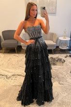 Load image into Gallery viewer, Sparkly A Line Strapless Black Corset Prom Dress with Beading Ruffles