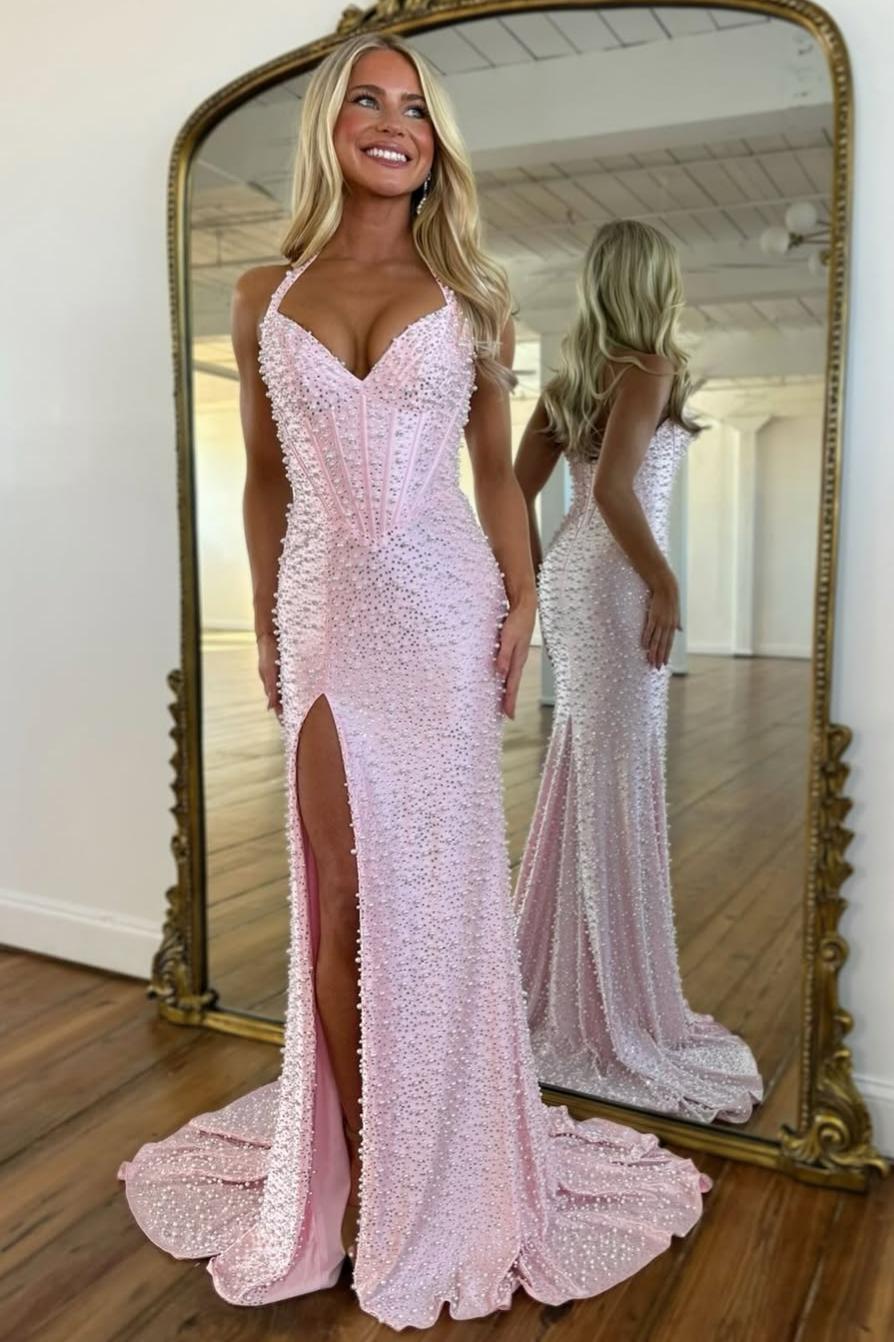 Luxury Mermaid Halter Neck Pink Corset Prom Dress with Pearls and Slit