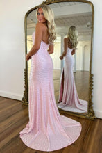 Load image into Gallery viewer, Luxury Mermaid Halter Neck Pink Corset Prom Dress with Pearls and Slit