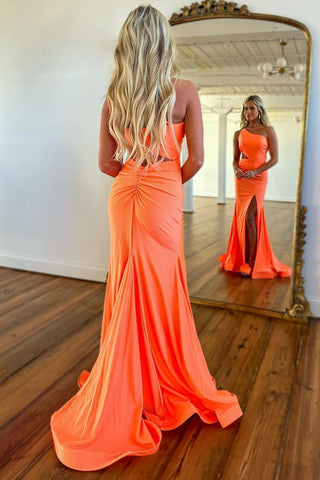 Simple One Shoulder Cutout Waist Mermaid Long Prom Dress With Split