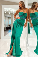 Load image into Gallery viewer, Mermaid Strapless Green Satin Floor Length Gown with Beading Prom Dress
