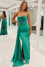 Load image into Gallery viewer, Mermaid Strapless Green Satin Floor Length Gown with Beading Prom Dress

